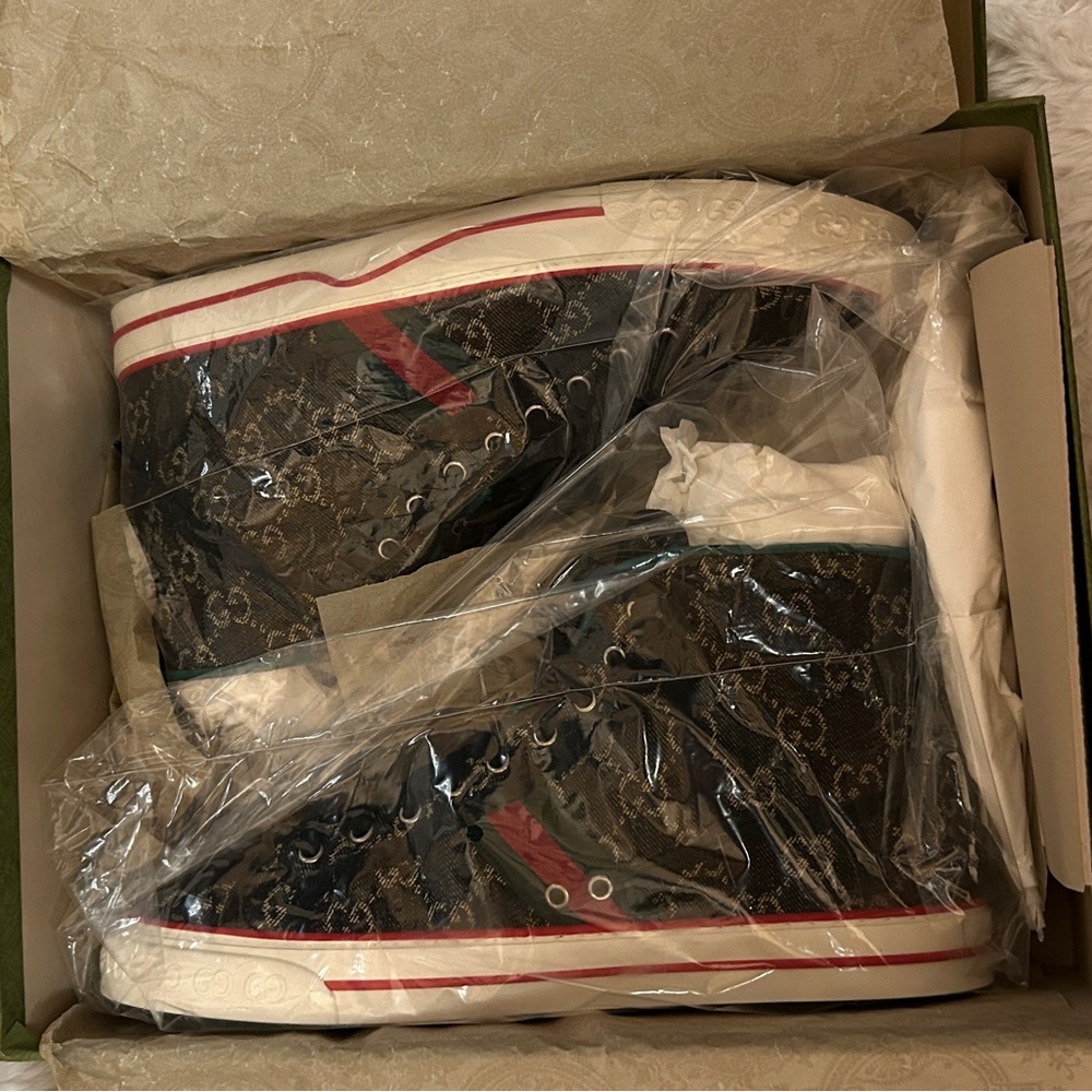 Gucci Dark Chocolate with Khaki stitching and Red High-Top Sneakers